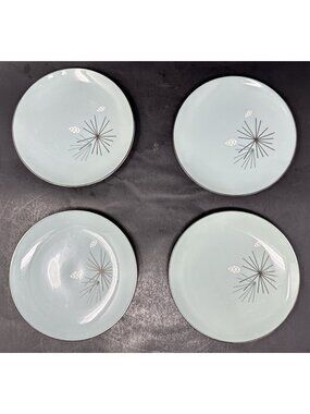 4 1950/1960s FRANCISCAN SILVER PINE Atomic BREAD & BUTTER PLATES Aqua Blue MCM